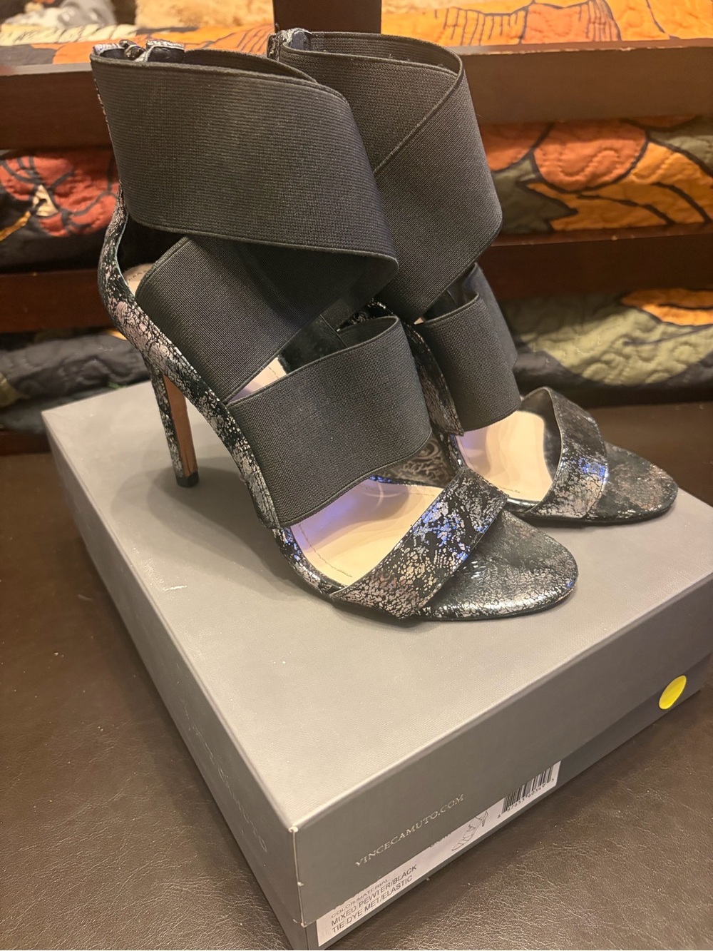 Vince Camuto Black Elastic Strap High Heel Sandals with Metallic Accent